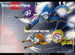 Size: 1637x1212 | Tagged: safe, artist:the-butch-x, derpibooru import, sunset shimmer, twilight sparkle, anthro, bird, blue jay, human, raccoon, equestria girls, jetpack, mordecai, regular show, rigby (regular show), space, spacesuit