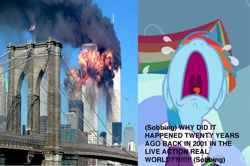 Size: 1280x852 | Tagged: safe, artist:homersimpson1983, screencap, rainbow dash, pegasus, pony, 9/11, american flag, bridge, clothes, crying, female, fire, irl, mare, new york city, photo, smoke, terrorism, text, united states, world trade center