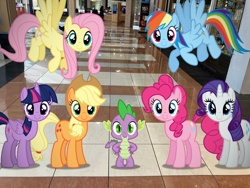 Size: 1280x960 | Tagged: safe, editor:undeadponysoldier, photographer:undeadponysoldier, applejack, fluttershy, pinkie pie, rainbow dash, rarity, spike, twilight sparkle, twilight sparkle (alicorn), alicorn, dragon, earth pony, pegasus, pony, unicorn, best friends, best friends until the end of time, cute, dashabetes, diapinkes, female, group, group photo, hanging out, happy, irl background, jackabetes, looking at you, male, mall, mane seven, mare, ponies in real life, raribetes, shopping, shopping mall, shyabetes, smiling, smiling at you, spikabetes, tiled floor, twiabetes