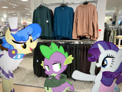 Size: 1032x774 | Tagged: safe, edit, editor:undeadponysoldier, photographer:undeadponysoldier, rarity, sapphire shores, spike, dragon, earth pony, pony, unicorn, clothes, edited photo, eyeshadow, happy, hoodie, jc penny, makeup, male, mall, pointing, ponies in real life, presenting, saddle bag, shopping, shopping mall