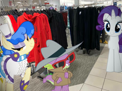 Size: 1032x774 | Tagged: safe, edit, editor:undeadponysoldier, photographer:undeadponysoldier, rarity, sapphire shores, spike, dragon, earth pony, pony, unicorn, clothes, edited photo, eyeshadow, fedora, female, glasses, happy, hat, jc penny, makeup, male, mall, mare, ponies in real life, shopping, shopping mall, sunglasses, trenchcoat