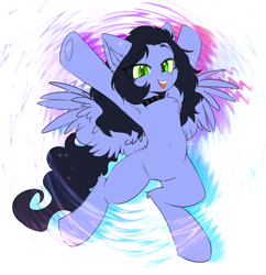 Size: 1846x1905 | Tagged: safe, artist:thieftea, derpibooru import, oc, oc only, oc:skiu, pegasus, pony, abstract background, armpits, green eyes, happy, smiling, solo, spread wings, wings