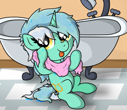 Size: 2360x2042 | Tagged: safe, artist:background basset, derpibooru import, lyra heartstrings, pony, unicorn, bathroom, bathtub, cute, lyrabetes, shower, sitting, solo, tongue, tongue out, towel, wet, wet mane