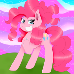 Size: 2000x2000 | Tagged: safe, artist:kathepart, derpibooru import, pinkie pie, earth pony, blue eyes, chaos pinkie, colored ear fluff, crystal, ear fluff, ears, ears up, female, gritted teeth, hoof hold, lidded eyes, mare, pink coat, pink mane, raised hoof, raised leg, smiling, solo, standing, teeth, three quarter view