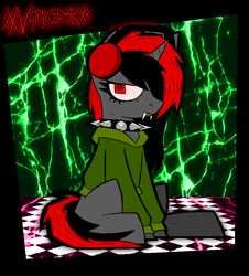 Size: 1856x2052 | Tagged: safe, artist:xxv4mp_g4z3rxx, derpibooru import, oc, oc only, pony, unicorn, clothes, collar, commission, fangs, headphones, hoodie, red eyes, sitting, solo, spiked collar, tail, two toned mane, two toned tail