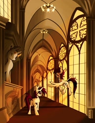 Size: 1663x2150 | Tagged: safe, artist:brainr0tter, derpibooru import, oc, oc only, pegasus, pony, unicorn, cathedral, crepuscular rays, statue, window