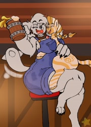 Size: 1650x2310 | Tagged: safe, artist:star, derpibooru import, oc, oc only, diamond dog, pony, zebra, alcohol, bar, barstool, beer, beer mug, between breasts, breasts, clothes, collar, denim, diamond dog oc, duo, female, happy, hug, hugging a pony, mare, mug, open mouth, overalls, sitting, tail, tail wag, thighs, thunder thighs, zebra oc