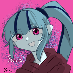 Size: 1080x1080 | Tagged: safe, artist:yue., derpibooru import, sonata dusk, human, equestria girls, female, looking at you, purple background, simple background, smiling, smiling at you, solo