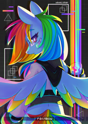 Size: 2480x3508 | Tagged: safe, artist:musicfirewind, derpibooru import, rainbow dash, pegasus, pony, semi-anthro, g4, bandage, bipedal, clothes, liquid rainbow, rainbow, solo