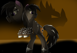 Size: 3200x2220 | Tagged: safe, derpibooru import, earth pony, kaiju, kaiju pony, pony, fanfic:the bridge, anguirus, fanfic art, male, orange background, ponified, pose, serious, shadow, simple background, solo, species swap, stallion