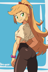 Size: 1333x2000 | Tagged: safe, artist:daichigatari, derpibooru import, applejack, human, equestria girls, applebutt, ass, butt, cute, eyebrows, female, jackabetes, looking at you, looking back, looking back at you, midriff, rear view, signature, smiling, smiling at you, solo