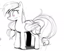 Size: 1969x1585 | Tagged: safe, alternate version, artist:_ton618_, derpibooru import, rainbow dash, pegasus, pony, bag, blushing, female, grayscale, mare, monochrome, older, older rainbow dash, partial color, saddle bag, shrunken pupils, simple background, sketch, smiling, solo, white background