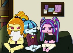 Size: 983x707 | Tagged: safe, artist:yue., derpibooru import, adagio dazzle, aria blaze, sonata dusk, equestria girls, chibi, cute, sofa, the dazzlings