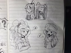 Size: 3264x2448 | Tagged: safe, derpibooru import, adagio dazzle, aria blaze, sonata dusk, sunset shimmer, equestria girls, arisona, female, lesbian, lined paper, shipping, sunsagio, the dazzlings, traditional art