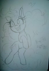 Size: 1399x2048 | Tagged: safe, artist:lockheart, derpibooru import, pinkie pie, earth pony, pony, cute, diapinkes, female, mare, monochrome, open mouth, open smile, pencil drawing, sketch, smiling, solo, traditional art