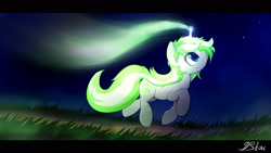 Size: 1920x1080 | Tagged: safe, artist:dshou, derpibooru import, oc, oc only, oc:neon shimmers, pony, unicorn, glowing, glowing horn, grass, horn, looking up, magic, magic aura, night, profile, running, solo