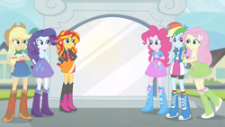 Size: 1920x1080 | Tagged: safe, derpibooru import, screencap, applejack, fluttershy, pinkie pie, rainbow dash, rarity, sunset shimmer, equestria girls, rainbow rocks, female, group, humane five, sextet, smiling