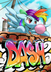 Size: 2480x3502 | Tagged: safe, artist:neoshrek, derpibooru import, rainbow dash, pegasus, pony, backwards ballcap, baseball cap, bubblegum, cap, female, food, graffiti, gum, hat, mare, solo