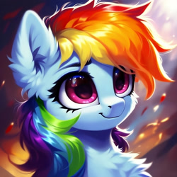 Size: 1536x1536 | Tagged: safe, ai content, derpibooru import, generator:purplesmart.ai, generator:stable diffusion, machine learning generated, rainbow dash, pegasus, pony, abstract background, bust, cheek fluff, chest fluff, cute, dashabetes, ear fluff, ears, eyebrows, eyelashes, female, fluffy, mare, portrait, prompter:nightluna, smiling, solo