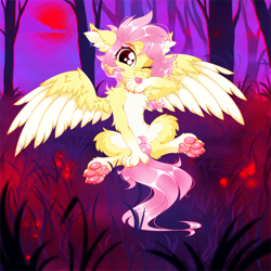 Size: 2500x2500 | Tagged: safe, artist:rurihal, derpibooru import, fluttershy, hengstwolf, pegasus, pony, werewolf, wolf, wolf pony, chest fluff, claws, ear fluff, ears, fangs, female, floppy ears, full moon, licking, looking at you, moon, nightmare night, one eye closed, paw pads, paws, solo, spread wings, tongue, tongue out, underpaw, wings, wink, winking at you