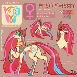 Size: 3000x3000 | Tagged: safe, artist:greenmaneheart, derpibooru import, oc, oc:messy beauty, earth pony, pony, chest fluff, concave belly, female, hooves, long mane, long tail, mare, multicolored hooves, quadrupedal, raised hoof, raised leg, reference sheet, slim, solo, standing, sternocleidomastoid, tail, thin