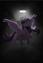 Size: 526x758 | Tagged: safe, artist:elektra-gertly, derpibooru import, twilight sparkle, twilight sparkle (alicorn), alicorn, cyborg, pony, fanfic:iron hearts, amputee, bolter, crossover, cyborg pony, darkness, digital art, eye, eyes, feather, female, gun, mare, prosthetic eye, prosthetics, solo, spread wings, warhammer (game), warhammer 40k, weapon, wings