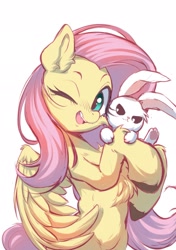 Size: 1535x2185 | Tagged: safe, artist:starbow, derpibooru import, part of a set, angel bunny, fluttershy, pegasus, pony, rabbit, animal, belly, chest fluff, cute, duo, duo male and female, ear fluff, ears, eyebrows, female, fluffy, leg fluff, looking at you, male, mare, one eye closed, open mouth, open smile, shyabetes, simple background, smiling, smiling at you, unshorn fetlocks, white background, wings, wink, winking at you