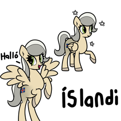 Size: 1200x1200 | Tagged: safe, artist:scandianon, derpibooru import, oc, oc only, oc:iceland horse, pegasus, pony, coat markings, facial markings, flag, green eyes, greeting, hooves, iceland, nation ponies, ponified, rearing, simple background, smiling, species swap, spread wings, stars, white background, wings