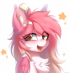 Size: 3883x4096 | Tagged: safe, artist:lunylin, artist:lunylinl, derpibooru import, oc, oc only, oc:latandra sweetberry, pegasus, pony, cheek fluff, chest fluff, colored eyebrows, colored wings, commission, cute, ear fluff, ears, eye clipping through hair, eyebrows, eyebrows visible through hair, female, folded wings, high res, looking at you, mare, ocbetes, open mouth, open smile, pegasus oc, simple background, smiling, smiling at you, solo, sparkles, white background, wings