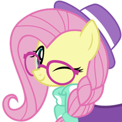 Size: 500x500 | Tagged: safe, artist:the smiling pony, derpibooru import, fluttershy, pony, .svg available, alternate hairstyle, braid, bust, glasses, hat, hipstershy, looking at you, one eye closed, simple background, smiling, solo, svg, transparent background, vector, wink, winking at you