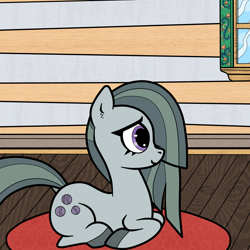 Size: 1800x1800 | Tagged: safe, artist:scandianon, derpibooru import, marble pie, earth pony, female, indoors, lying down, mare, ponyloaf, prone, purple eyes, rosemaling