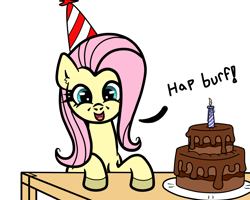 Size: 1250x1000 | Tagged: safe, artist:scandianon, derpibooru import, fluttershy, pegasus, cake, candle, female, food, happy birthday, hat, hooves, mare, party hat, plate, simple background, table, white background