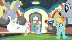 Size: 1266x720 | Tagged: safe, derpibooru import, screencap, bulk biceps, derpy hooves, fluttershy, rainbow dash, thunderlane, pony, equestria games (episode), friendship express, locomotive, steam locomotive, train