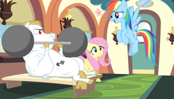 Size: 1266x720 | Tagged: safe, derpibooru import, screencap, bulk biceps, fluttershy, rainbow dash, pony, equestria games (episode), friendship express, locomotive, steam locomotive, train