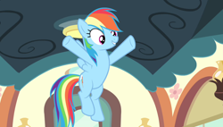 Size: 1266x720 | Tagged: safe, derpibooru import, screencap, rainbow dash, pony, equestria games (episode), friendship express, locomotive, solo, steam locomotive, train