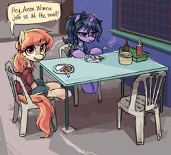 Size: 968x874 | Tagged: safe, artist:plunger, ponerpics import, oc, oc only, earth pony, fish, pony, unicorn, chair, clothes, cute, dialogue, duo, eating, female, fork, frown, glare, heart eyes, levitation, lidded eyes, looking at you, magic, mare, offscreen character, open mouth, open smile, pov, scowl, sitting, smiling, smiling at you, telekinesis, wingding eyes