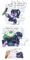 Size: 622x1214 | Tagged: safe, artist:plunger, ponerpics import, oc, oc only, oc:anon, earth pony, human, pony, unicorn, /mlp/, 4chan, angry, bed, brushies, brushing, comic, cute, dialogue, drawthread, eyes closed, female, human male, male, mane, mare, morning ponies, open mouth, open smile, simple background, smiling, trio, white background, yelling