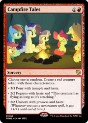 Size: 375x523 | Tagged: safe, derpibooru import, edit, apple bloom, applejack, rainbow dash, rarity, scootaloo, sweetie belle, campfire tales, campfire, ccg, cutie mark crusaders, magic the gathering, trading card, trading card edit, trading card game