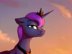 Size: 3200x2400 | Tagged: safe, ai content, artist:dovakkins, derpibooru exclusive, derpibooru import, generator:pony diffusion v5, machine learning assisted, princess luna, alicorn, pony, alternate hairstyle, beautiful, cloud, cloudy, eyebrows, female, horn, jewelry, looking at you, mare, peytral, raised eyebrow, regalia, short hair, sky, smiling, smiling at you, solo, sunrise, wings