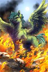 Size: 1592x2374 | Tagged: safe, artist:mrlamanstin, derpibooru import, oc, oc only, oc:light touch, pegasus, american airlines, blank flank, commission, destruction, evil grin, fire, grin, macro, plane, revenge, smiling, solo, spread wings, underhoof, wings