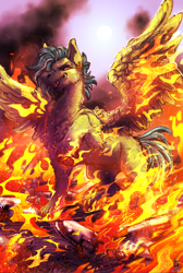 Size: 1588x2369 | Tagged: safe, artist:mrlamanstin, derpibooru import, oc, oc only, oc:light touch, pegasus, american airlines, blank flank, burning body, commission, destruction, evil grin, fire, flaming wings, grin, hellfire, macro, plane, red sky, revenge, smiling, solo, spread wings, underhoof, wings