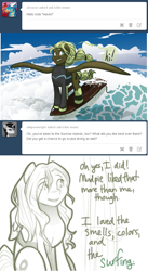 Size: 641x1170 | Tagged: safe, artist:arboraims, derpibooru import, oc, oc:ickle muse, pegasus, ask ickle muse, clothes, female, mare, pun, shirt, solo, surfboard, visual pun