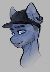 Size: 784x1135 | Tagged: safe, artist:itssilver, derpibooru import, pony, bust, chris adam, facial hair, gray background, hat, looking at you, male, ponified, simple background, smash into pieces, species swap, tongue, tongue out