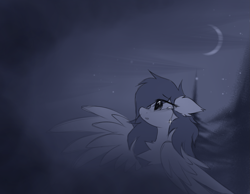 Size: 1847x1436 | Tagged: safe, artist:coarfdraw, derpibooru import, oc, oc only, oc:jet blast, pegasus, pony, chest fluff, crying, monochrome, moon, pegasus oc, pine tree, side view, spread wings, tree, wings