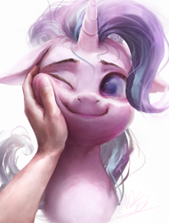 Size: 2820x3707 | Tagged: safe, artist:xyq, derpibooru import, starlight glimmer, human, pony, cheek squish, cute, ears, floppy ears, glimmerbetes, hand, human on pony petting, looking at you, one eye closed, petting, smiling, solo, squishy cheeks