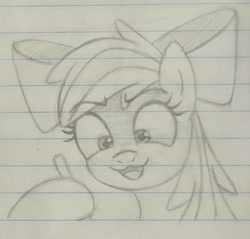 Size: 1007x963 | Tagged: safe, artist:supasurida, derpibooru import, apple bloom, earth pony, pony, female, filly, foal, lined paper, pencil, solo, traditional art