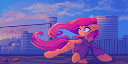 Size: 6000x3000 | Tagged: safe, artist:stravy_vox, derpibooru import, fluttershy, pegasus, pony, city, clothes, complex background, female, looking back, mare, running, solo, sunrise