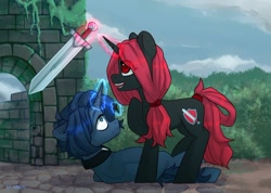 Size: 1170x831 | Tagged: safe, artist:shelti, derpibooru import, oc, oc only, unicorn, cross, female, male, mare, red and black oc, ruins, stallion, sword, weapon