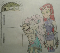 Size: 951x841 | Tagged: safe, artist:jebens1, derpibooru import, fluttershy, turtle, equestria girls, crossover, cute, dc comics, hug, refrigerator, silkie, starfire, teen titans, teenage mutant ninja turtles, traditional art