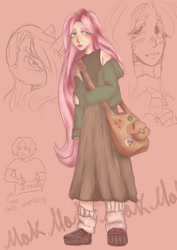 Size: 749x1060 | Tagged: safe, artist:89mak67, derpibooru import, discord, fluttershy, oc, draconequus, human, pony, alternate hairstyle, artistsona, bag, boots, clothes, eyeshadow, female, hoodie, humanized, makeup, mare, off shoulder, paper, peace symbol, pencil, pink background, shirt, shoes, simple background, skirt, socks, solo, sweat, sweatdrop, t-shirt, tanktop